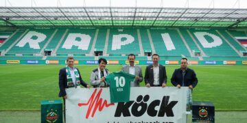 Elektro-Shop Köck ist für die kommenden drei Spielzeiten Teampartner des SK Rapid. © SK Rapid