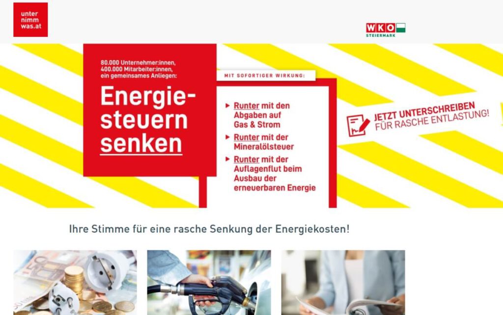 Mit einer Kampagne fordert die WK Steiermark eine Senkung der Energiesteuern