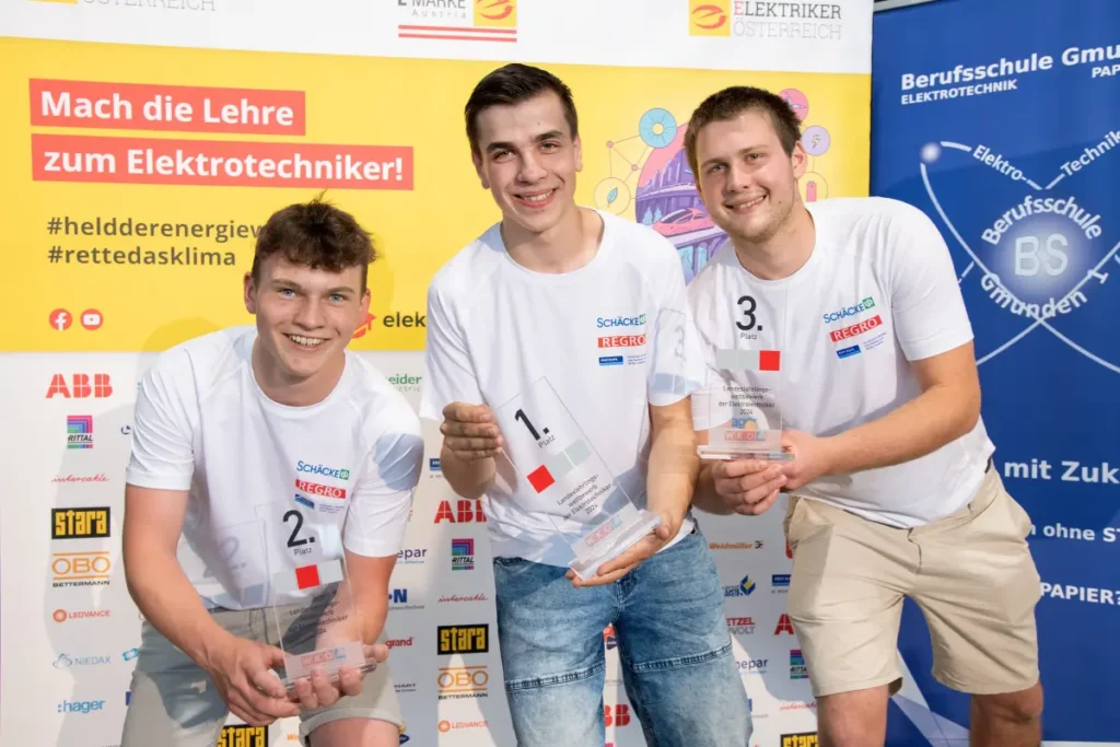 Lehrlingswettbewerb 2024 OÖ. V.l.n.r.: Jonas Jung, David Prammer und Felix Mühlbauer eroberten die Stockerlplätze in Oberösterreich. © Fotografie Rudolf LARESSER