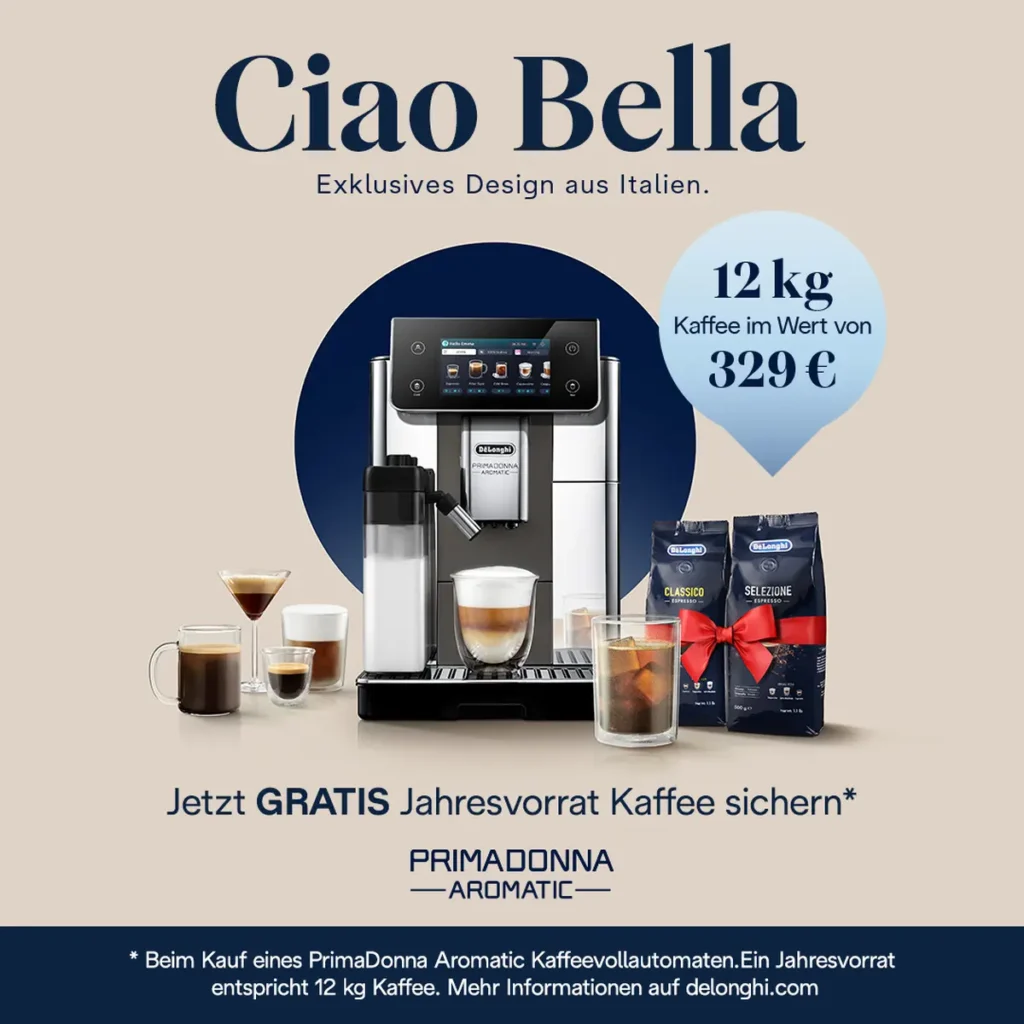 : Beim Kauf eines PrimaDonna Aromatic Kaffeevollautomaten gibt es einen Jahresvorrat an Kaffeebohnen (12 kg) geschenkt. Die Aktion ist vom 14.04.2025 bis zum 13.07.2025 gültig.