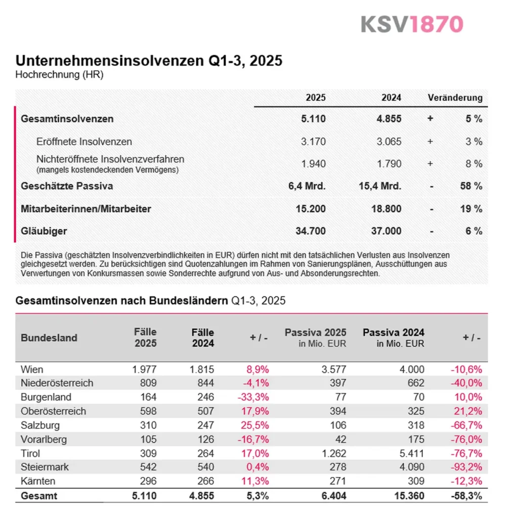 Die Passiva (geschätzten Insolvenzverbindlichkeiten in EUR) dürfen nicht mit den tatsächlichen Verlusten aus Insolvenzen gleichgesetzt werden. Zu berücksichtigen sind Quotenzahlungen im Rahmen von Sanierungsplänen, Ausschüttungen aus Verwertungen von Konkursmassen sowie Sonderrechte aufgrund von Aus- und Absonderungsrechten.