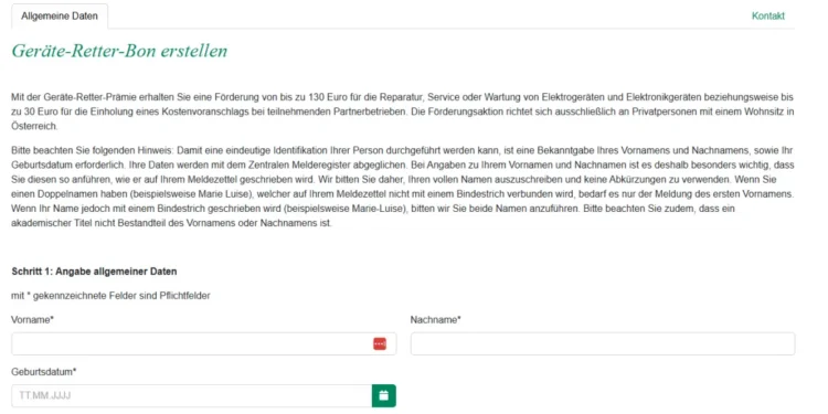 Ab heute (12. Jänner 2026) können Konsumenten einen Geräte-Retter-Bon erstellen. © Screenshot