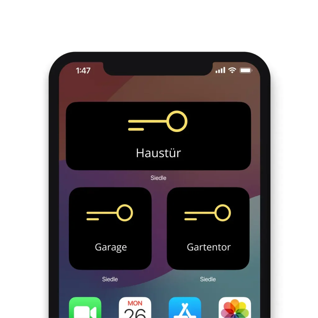 Für mehrere Türen innerhalb der Anlage können mehrere Widgets eingerichtet werden, jeweils individuell konfiguriert. Jedes Widget zeigt an, welche Tür damit geöffnet wird. Für Android sowie iOS stehen jeweils zwei Widgetgrößen zur Verfügung.
