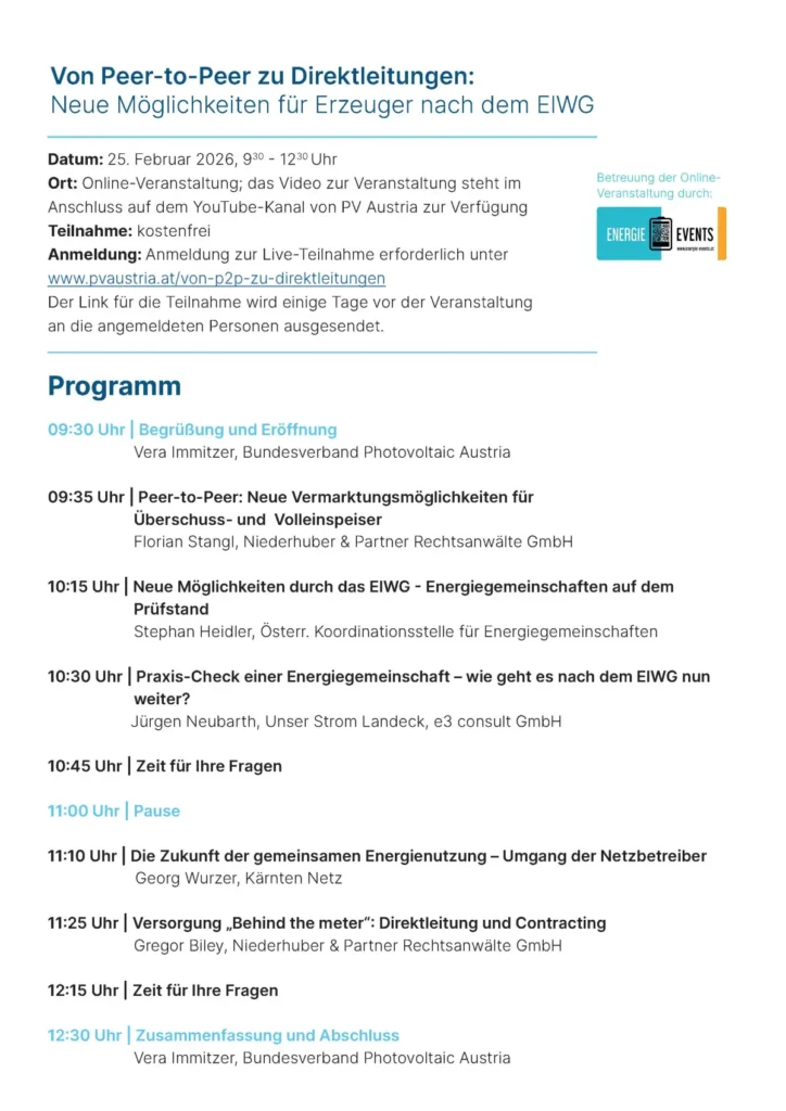 Programm "Von Peer-to-Peer zu Direktleitungen: Neue Möglichkeiten für Erzeuger nach dem ElWG"