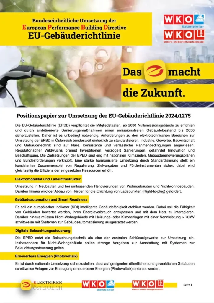 Elektriker Österreich: Positionspapier zur Umsetzung der EU-Gebäuderichtlinie 2024/1275
