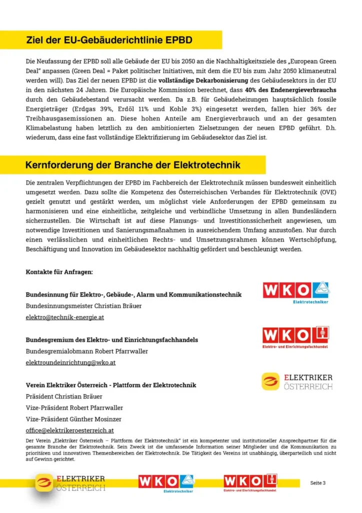 Elektriker Österreich: Positionspapier zur Umsetzung der EU-Gebäuderichtlinie 2024/1275 Elektrotechnik