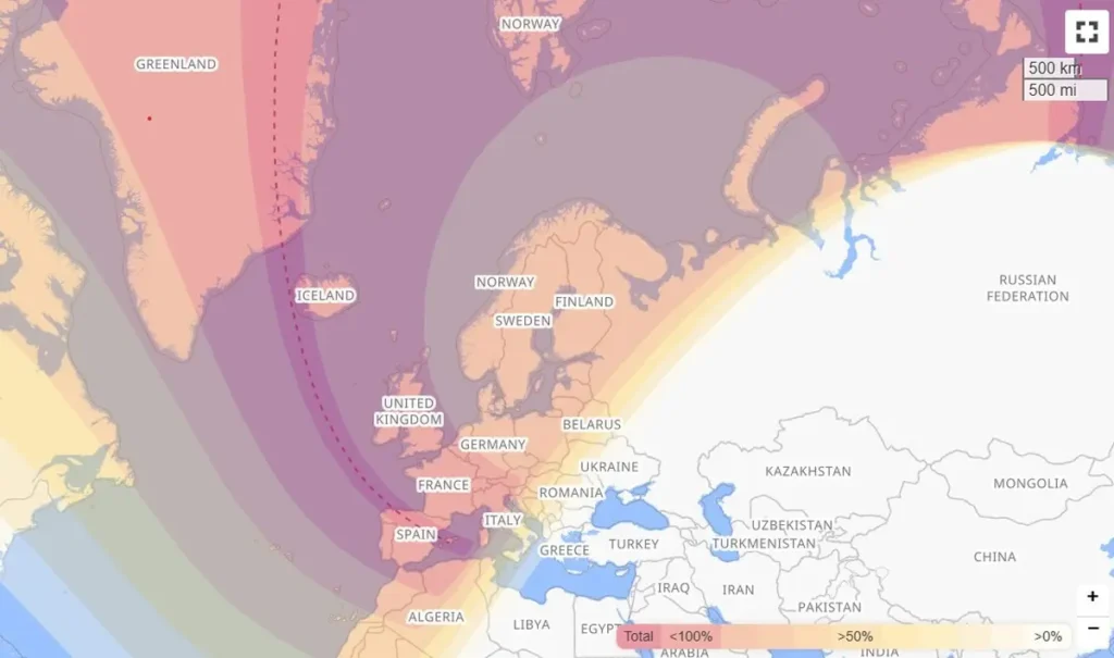 Zeitpunkt der maximalen Abschattung über Europa. © ESA www.timeanddate.com