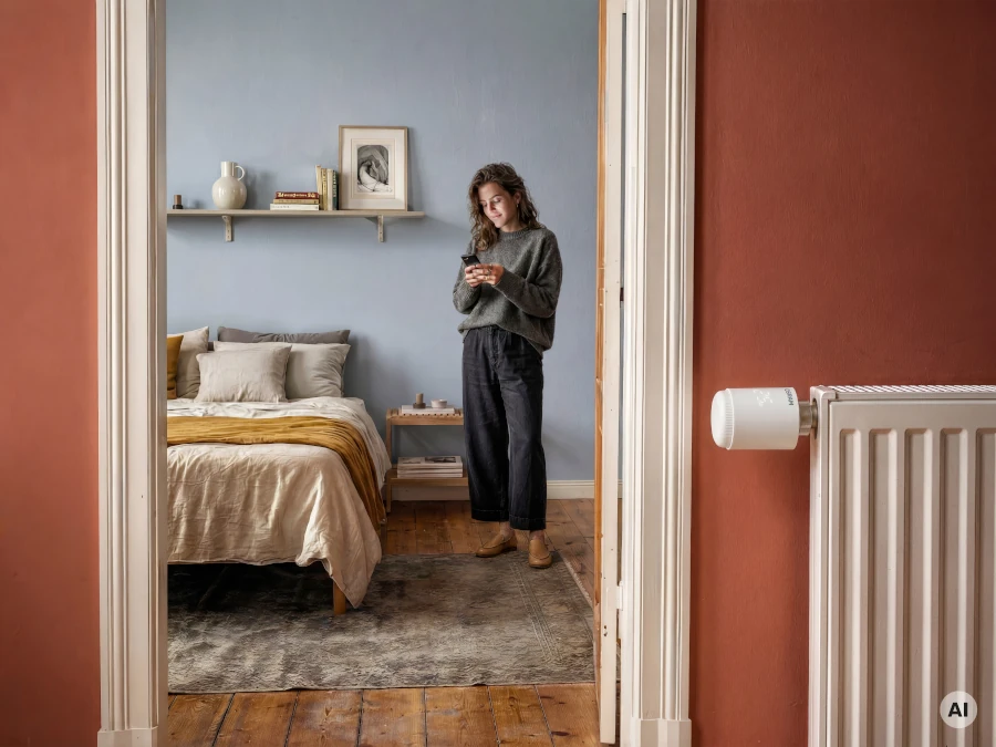 asset 13418111 woman controlling radiator thermostat via smartphone in bedroom smart