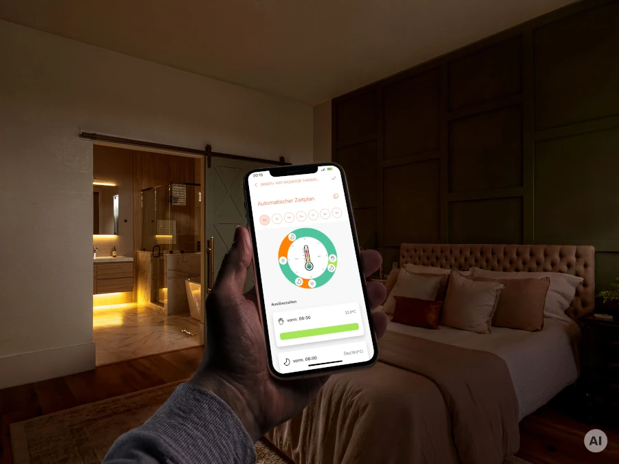 asset 13418113 hand holding smartphone with smart app in bedroom smart